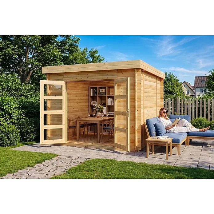 Alpholz Gartenhaus Paloma Sol 28mm Wandstärke - Außenmaß inkl. Dachüberstand (B x T): 298 x 298 cm, Holz, Naturbelassen - Holzhütte mit Doppeltüren, Essbereich innen und Lesebereich außen, wo eine Frau liest.