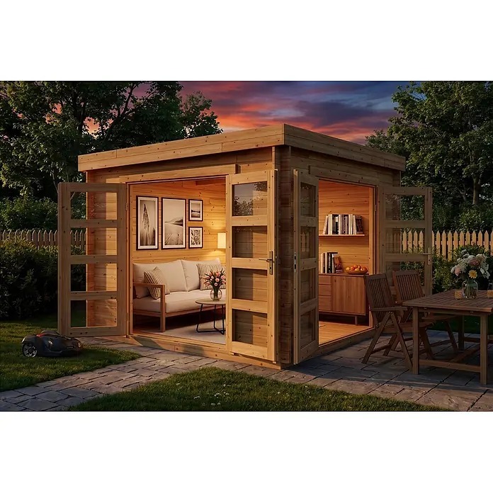 Alpholz Gartenhaus ECO Set Paloma Beach 28mm Wandstärke - Außenmaß inkl. Dachüberstand (B x T): 298 x 298 cm, Holz, Naturbelassen - Moderner Holzgartenpavillon mit offenen Türen, als gemütlicher Außenwohnbereich eingerichtet.