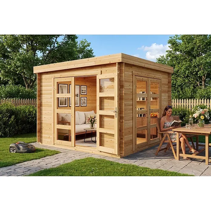 Alpholz Gartenhaus Paloma Beach 28mm Wandstärke - Außenmaß inkl. Dachüberstand (B x T): 298 x 298 cm, Holz, Naturbelassen - Gartenhaus aus hellem Holz mit Terrasse, als Wohnraum im Garten genutzt.