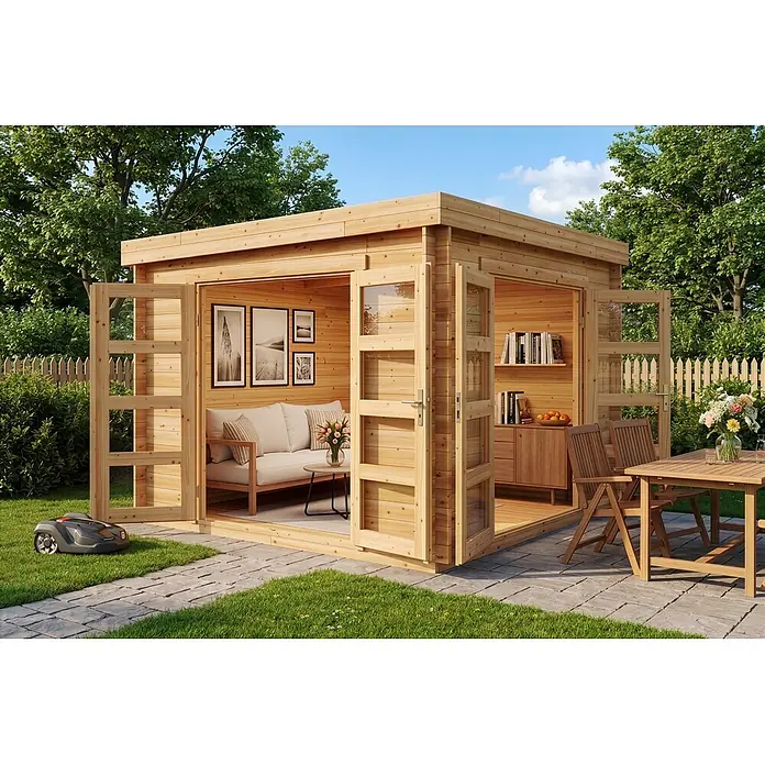 Alpholz Gartenhaus ECO Set Paloma Beach 28mm Wandstärke - Außenmaß inkl. Dachüberstand (B x T): 298 x 298 cm, Holz, Naturbelassen - Geräumige Gartenhütte aus hellem Holz mit offenen Falttüren, die einen einladenden Lounge- und Stauraum im Inneren auf einer Steinterrasse zeigen.