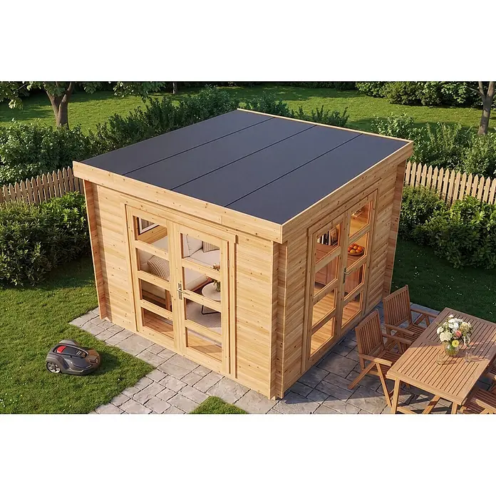 Alpholz Gartenhaus Paloma Beach 28mm Wandstärke - Außenmaß inkl. Dachüberstand (B x T): 298 x 298 cm, Holz, Naturbelassen - Modernes Gartenhaus aus Holz mit schwarzem Dach, Glastüren und Gartenmöbeln.