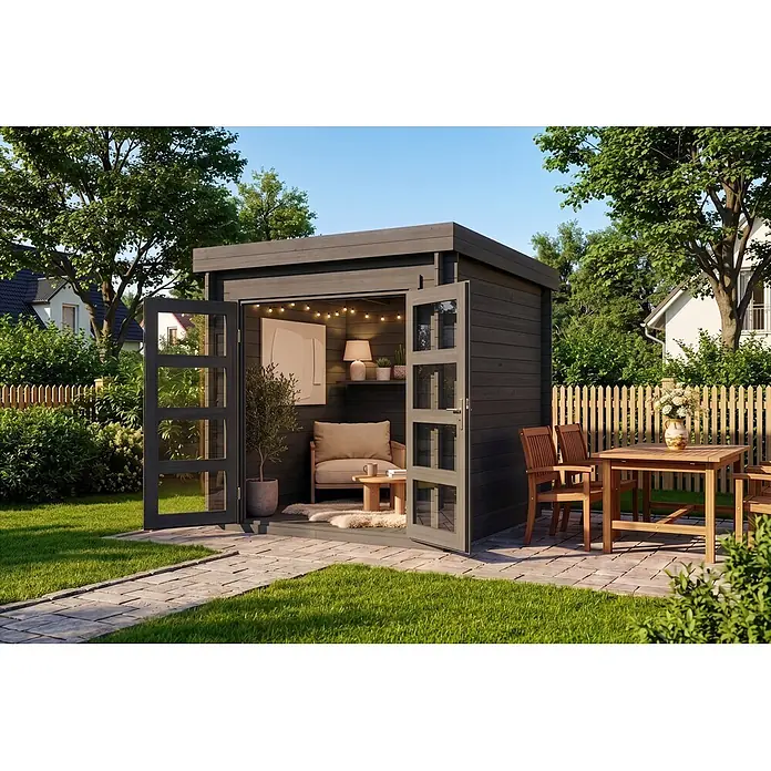 Alpholz Gartenhaus ECO Set Paloma Petit grau 28mm Wandstärke - Außenmaß inkl. Dachüberstand (B x T): 230 x 230 cm, Holz, Grau - Dunkelgraues Gartenhaus aus Holz mit offenen Glastüren, als gemütlicher Rückzugsort im Garten eingerichtet.