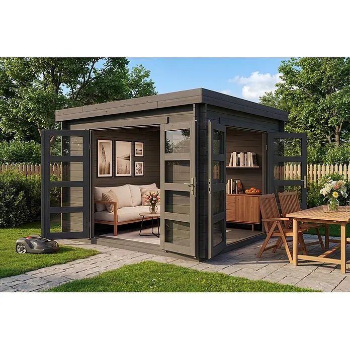 Alpholz Gartenhaus ECO Set Paloma Beach grau 28mm Wandstärke - Außenmaß inkl. Dachüberstand (B x T): 298 x 298 cm, Holz, Grau - Dunkelgrauer Gartenpavillon aus Holz mit offenen Glastüren, mit Innenlounge und Außenessbereich, sowie einem Mähroboter in der Nähe.