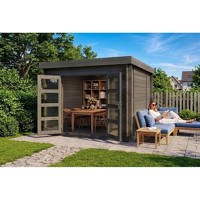 Alpholz Gartenhaus Paloma Sol 28mm Wandstärke - Außenmaß inkl. Dachüberstand (B x T): 298 x 298 cm, Holz, Anthrazitgrau - Dunkelgraues Holzgartenhaus mit offenen Türen, das einen Essbereich im Inneren und eine lesende Frau auf einer Outdoor-Liege zeigt.