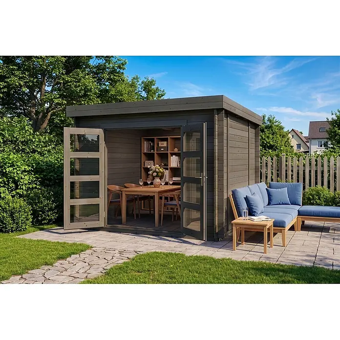 Alpholz Gartenhaus ECO Set Paloma Sol grau 28mm Wandstärke - Außenmaß inkl. Dachüberstand (B x T): 298 x 298 cm, Holz, Grau - Dunkelgraues Gartenhaus aus Holz mit Glastüren, bietet einen Essbereich innen und einen angrenzenden Loungebereich außen.