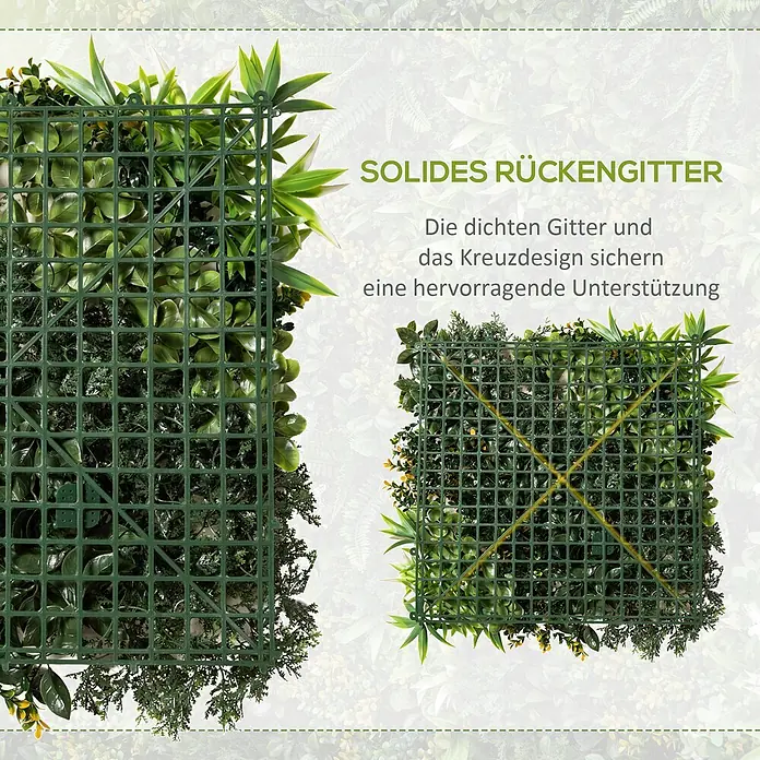 Outsunny Kunstpflanze Pflanzenwand - Höhe: 7 cm, Blütenfarbe: Gelb, Polyester - Solides grünes Gitter auf der Rückseite der Kunstpflanzenwand für stabilen Halt und Unterstützung.