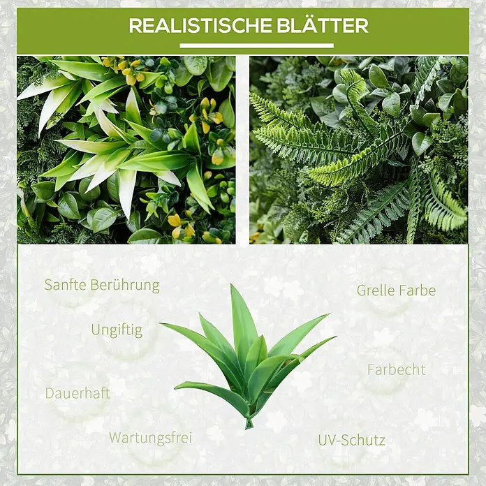 Outsunny Kunstpflanze Pflanzenwand - Höhe: 7 cm, Blütenfarbe: Gelb, Polyester - Realistisches künstliches grünes Laub mit verschiedenen Blattformen, das Langlebigkeit und Pflegeleichtigkeit betont.