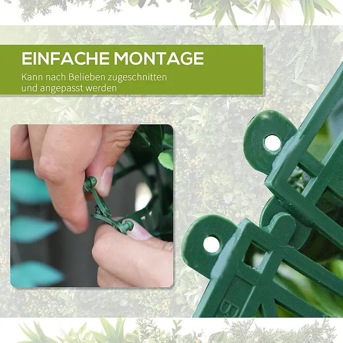 Outsunny Kunstpflanze Pflanzenwand - Höhe: 7 cm, Blütenfarbe: Gelb, Polyester - Grüne Kunstpflanzen-Paneele werden von Händen einfach verbunden, was ihre leichte Montage und individuelle Anpassung zeigt.