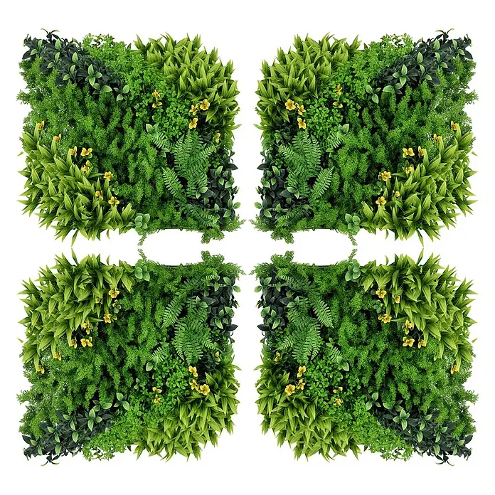 Outsunny Kunstpflanze Pflanzenwand - Höhe: 7 cm, Blütenfarbe: Gelb, Polyester - Vier künstliche grüne Wandpaneele mit verschiedenen Pflanzen und gelben Blüten, für einen üppigen vertikalen Garten.