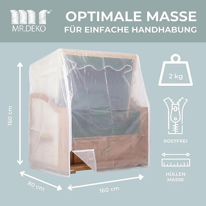 Bene Protect Strandkorb-Schutzhülle Schutzhaub PVC XXL - L x B x H: 80 x 160 x 160 cm, PE-Bändchengewebe, transparent - Transparente Schutzhülle für Strandkorb, 160x160x80 cm, mit Reißverschluss. Wiegt 2 kg.