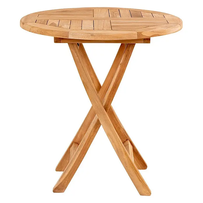 Ebuy24 Gartentisch Oviedo - L x B x H: 70 x 70 x 75 cm, Ø x H: 70 x 75 cm, Teak, Sonstige, Teak Dekor - Runder Klapptisch aus Teakholz mit Lattenplatte und X-Beinen, ideal für kleine Räume.