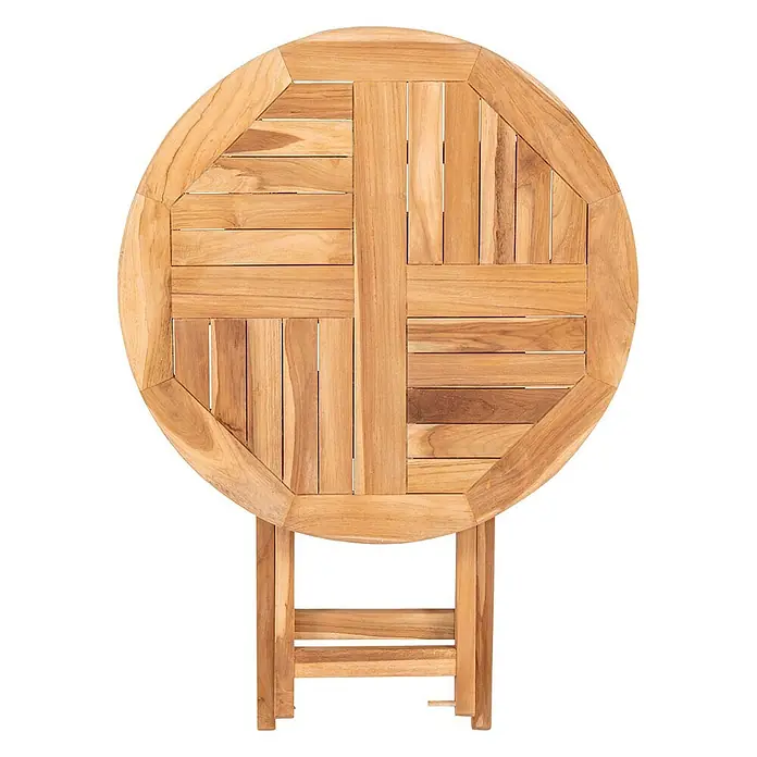 Ebuy24 Gartentisch Oviedo - L x B x H: 70 x 70 x 75 cm, Ø x H: 70 x 75 cm, Teak, Sonstige, Teak Dekor - Runder Holztisch mit Lattenmuster und sichtbaren klappbaren Beinen.