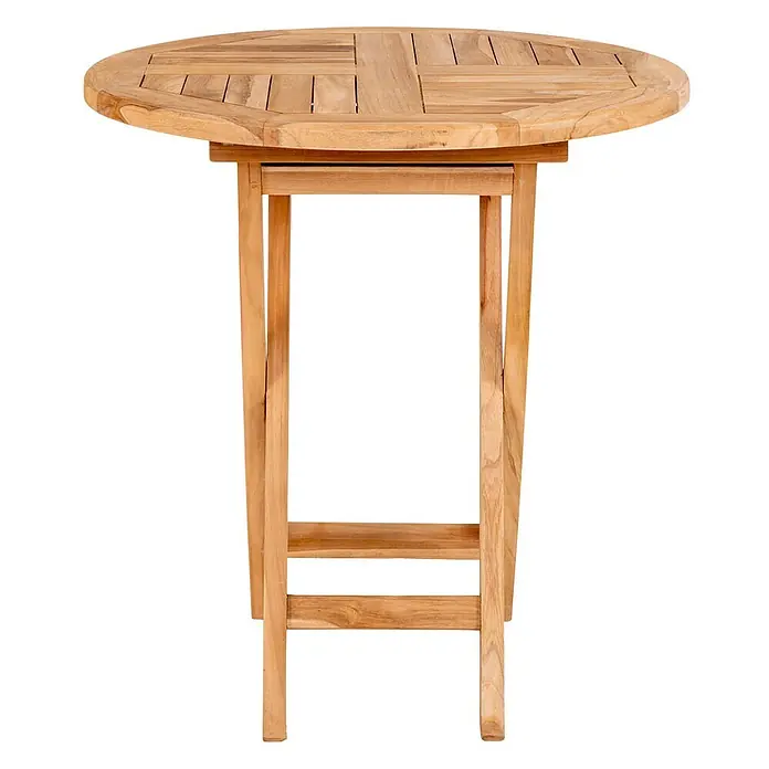 Ebuy24 Gartentisch Oviedo - L x B x H: 70 x 70 x 75 cm, Ø x H: 70 x 75 cm, Teak, Sonstige, Teak Dekor - Runder Outdoor-Tisch aus natürlichem Teakholz mit Lattenplatte und klappbaren Beinen.