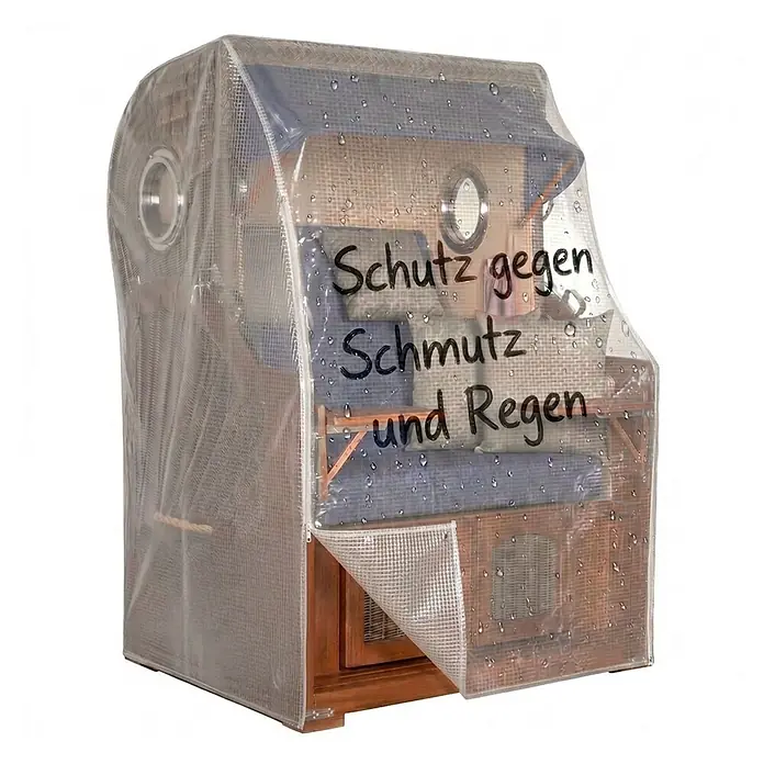 Bene Protect Strandkorb-Schutzhülle PVC Größe XL - PE-Bändchengewebe, weiß - Transparente Schutzhülle mit Wassertropfen auf einem Strandkorb, schützt vor Schmutz und Regen.