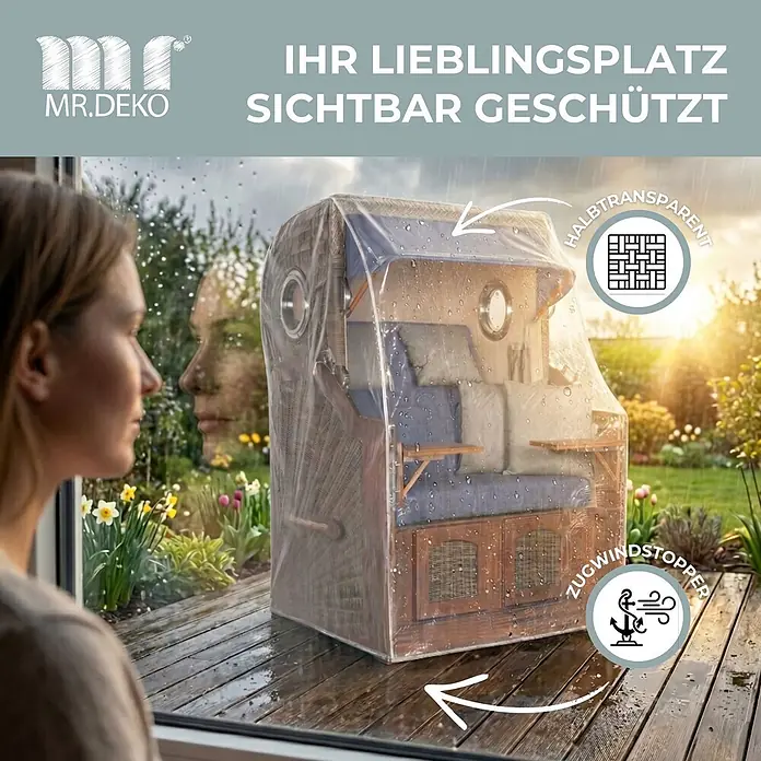 Bene Protect Strandkorb-Schutzhülle Schutzhaub PVC XXL - L x B x H: 80 x 160 x 160 cm, PE-Bändchengewebe, transparent - Klare, halbtransparente Schutzhülle für einen Strandkorb, schützt ihn sichtbar im Regen auf der Terrasse vor Wind und Wetter.
