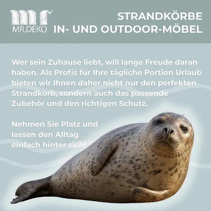 Bene Protect Strandkorb-Schutzhülle PVC Größe XL - PE-Bändchengewebe, weiß - Eine entspannte Robbe am Strand, die Strandkörbe und Outdoor-Möbel bewirbt.
