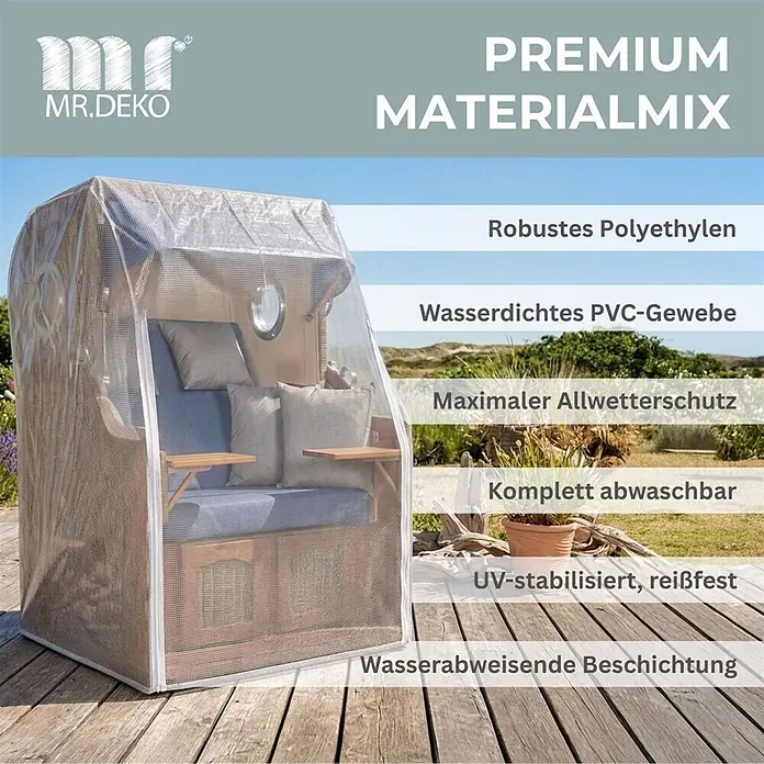 Bene Protect Strandkorb-Schutzhülle PVC Größe XL - PE-Bändchengewebe, weiß - Transparente Schutzhülle mit Gittermuster über einem Strandkorb, bietet Wetterschutz.