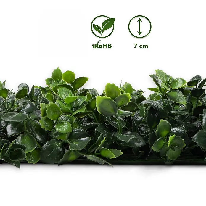Floordirekt Kunstpflanze Pflanzenwand Pachysandra 50 x 50 cm - Blütenfarbe: Grün, Kunststoff - Künstliches grünes Blattwerk-Paneel mit 7 cm Tiefe und RoHS-Konformitäts-Symbolen.