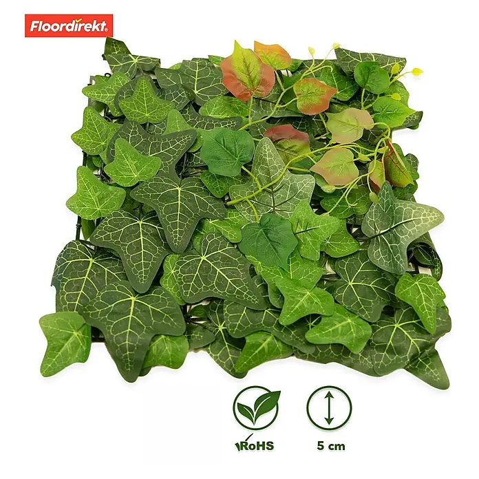 Floordirekt Kunstpflanze Pflanzenwand Ivy 33 x 33 cm - Blütenfarbe: Grün, Kunststoff - Künstliche Efeu-Platte mit Blättern in verschiedenen Grüntönen und einigen rötlichen Akzenten, zur Wanddekoration oder als Sichtschutz.