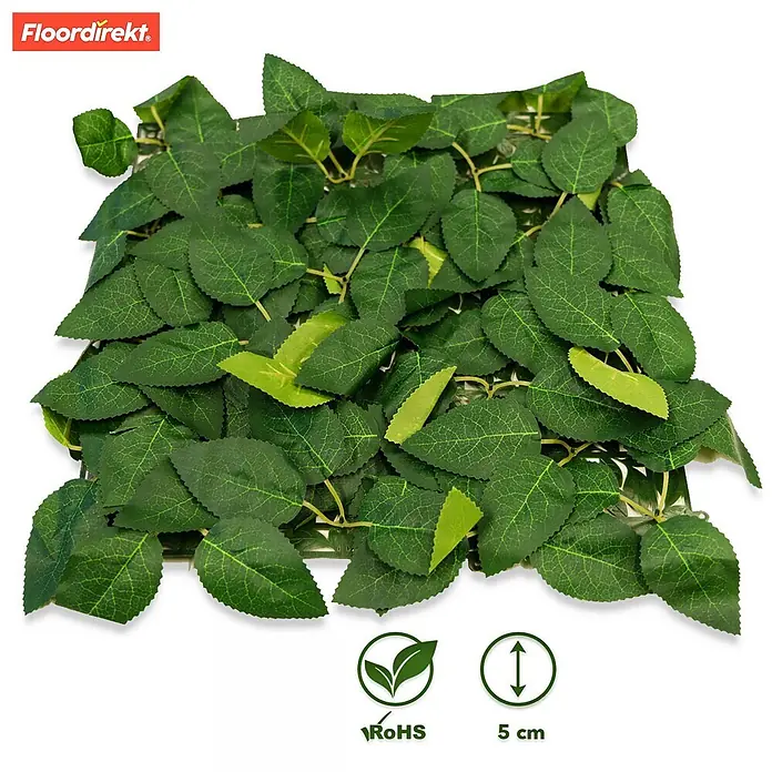 Floordirekt Kunstpflanze Pflanzenwand Big Rose Leaf 33 x 33 cm - Blütenfarbe: Grün, Kunststoff - Grüne Kunstblattmatte mit verschiedenfarbigen Blättern, 5 cm dick und RoHS-konform.