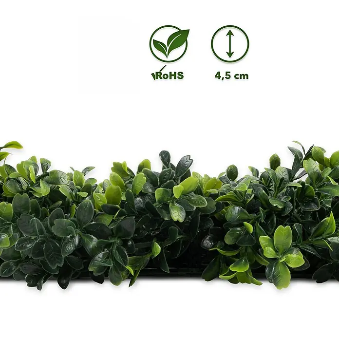 Floordirekt Kunstpflanze Pflanzenwand Boxwood 50 x 50 cm - Blütenfarbe: Grün, Kunststoff - Künstliches grünes Blattwerkpaneel, 4,5 cm tief, RoHS-konform.
