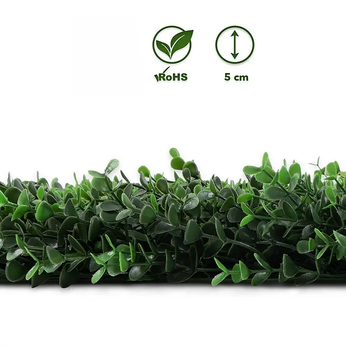 Floordirekt Kunstpflanze Pflanzenwand Buxus 50 x 50 cm - Blütenfarbe: Grün, Kunststoff - Dichtes künstliches grünes Laubwerk aus kleinen Plastikblättern, geeignet für Dekorationspaneele oder Hecken.