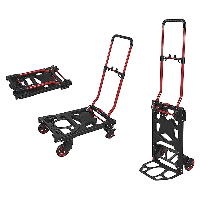 Sackkarre 2in1 Multifunktion - Metall, Traglast: 150 kg - Klappbare schwarze und rote Sackkarre, gezeigt in gefalteter, Wagen- und aufrechter Position.