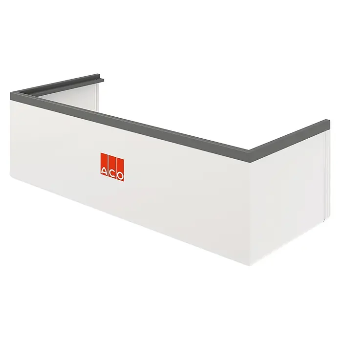 ACO Therm Aufstockelement höhenverstellbar - B x L: 100 x 40 cm, Passend für: Aco Therm Lichtschachtkörper - Weißes U-förmiges Rinnenelement mit dunkelgrauem oberen Rand und rotem ACO-Logo.