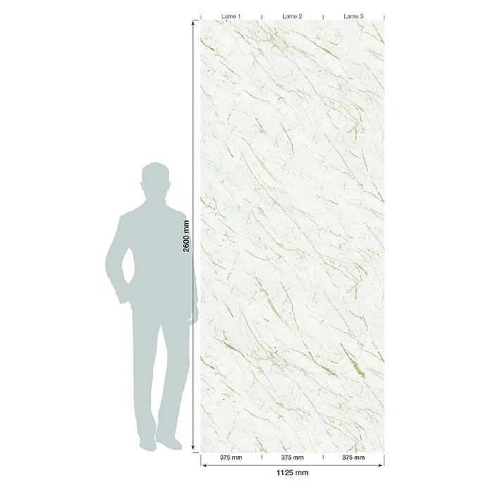 Grosfillex Wandpaneel Element 3D - Marble Calacatta, 2.600 x 375 x 8 mm - Weißes Marmor-Paneel mit goldenen Äderungen, drei 375mm breite Lamellen, gesamt 1125x2600mm, mit Silhouette zur Größenanzeige.