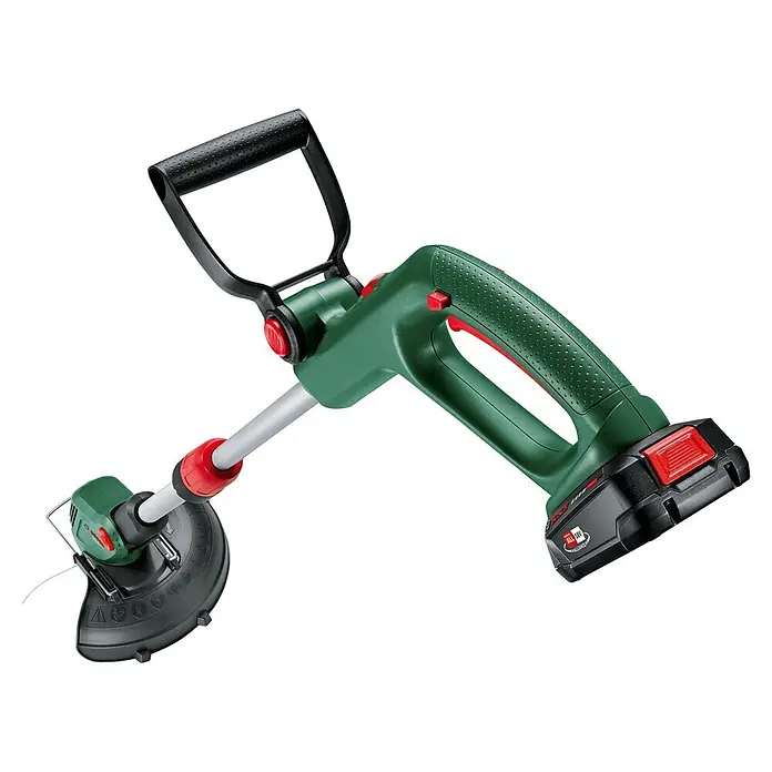 Bosch Power for All 18V Akku-Rasentrimmer UniversalGrassCut 18V-26-500 - 18 V, 2 Ah, Li-Ionen, 1 Akku, Schnittbreite Faden: 26 cm - Grüner und schwarzer Akku-Rasentrimmer mit roten Akzenten und silbernem Schaft.