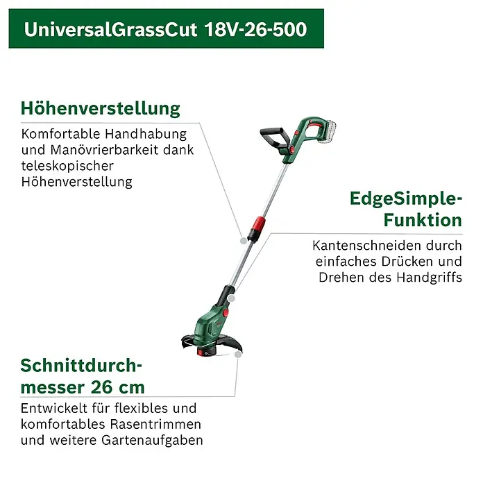 Bosch Power for All 18V Akku-Rasentrimmer UniversalGrassCut 18V-26-500 - 18 V, 2 Ah, Li-Ionen, 1 Akku, Schnittbreite Faden: 26 cm - Grüner und grauer Bosch UniversalGrassCut 18V-26-500 Rasentrimmer mit Teleskop-Höhenverstellung und EdgeSimple-Funktion.