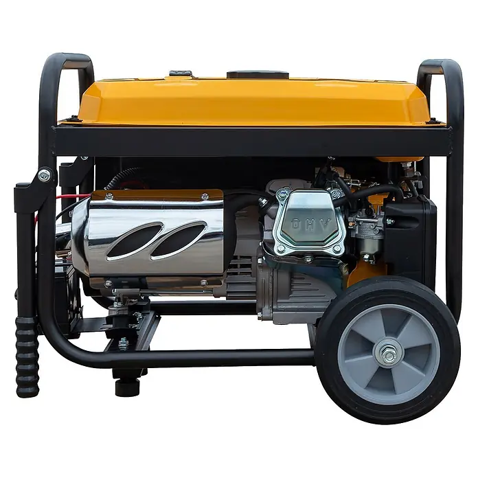 Generador K3500E - Potencia nominal: 3.200 kW, Volumen del depósito: 15 l - Generador de energía portátil amarillo y negro con silenciador cromado, motor y ruedas.
