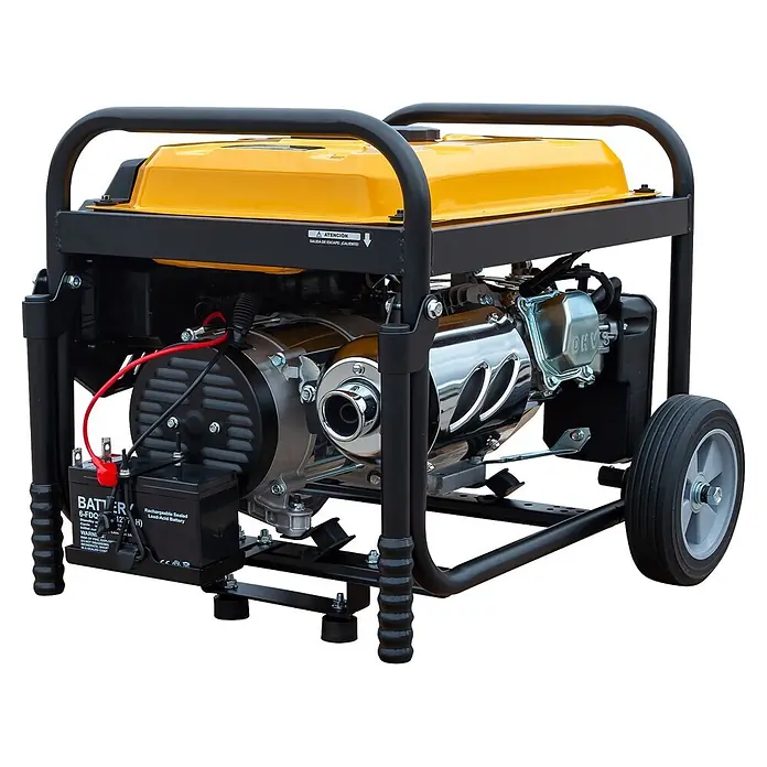 Generador K3500E - Potencia nominal: 3.200 kW, Volumen del depósito: 15 l - Un generador de energía portátil con tanque de combustible amarillo, marco negro robusto y componentes de motor cromados brillantes. Incluye batería y ruedas.