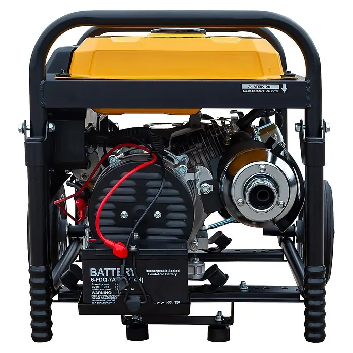 Generador K3500E - Potencia nominal: 3.200 kW, Volumen del depósito: 15 l - Un generador portátil negro y amarillo con un chasis robusto, componentes del motor y batería de plomo-ácido.