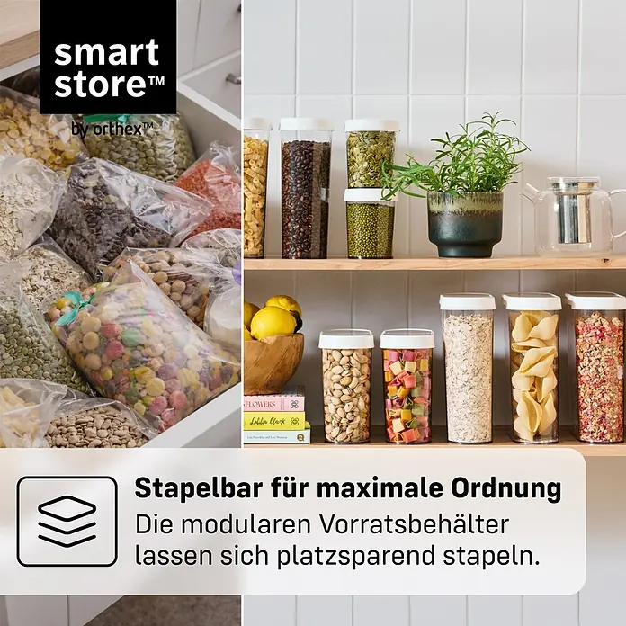 SmartStore Vorratsdose Flip - L x B x H: 18,5 x 9,5 x 17 cm, Kunststoff, Weiß - Transparente smart store™ modulare Vorratsbehälter mit weißen Deckeln, im Küchenschrank organisiert und gestapelt mit Trockenwaren.