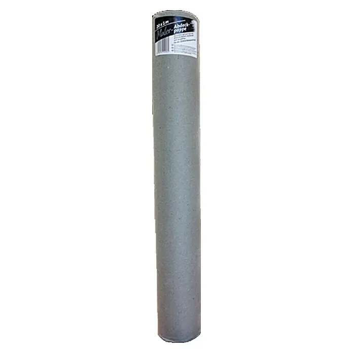 Maler-Abdeckpappe - 20 x 1 m, 280 g/m² - Abdeckpappe Rolle: Eine Rolle graue Abdeckpappe mit einem Etikett oben, ideal zum Abdecken und Schutz von Oberflächen bei Malerarbeiten.