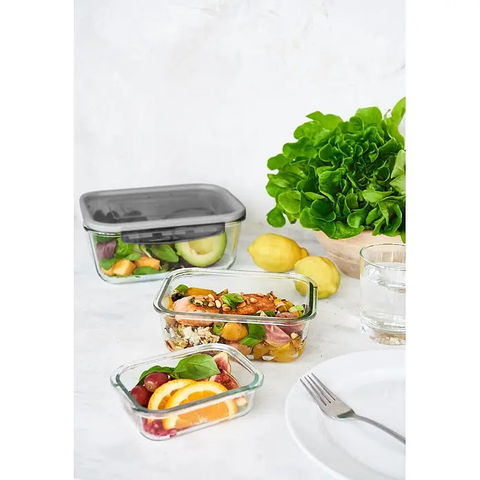 SmartStore Vorratsdose Glass Food - L x B x H: 21,5 x 16 x 9 cm, Kunststoff, Transparent - Verschiedene Glasbehälter gefüllt mit gesunden Mahlzeiten zur Essensvorbereitung.