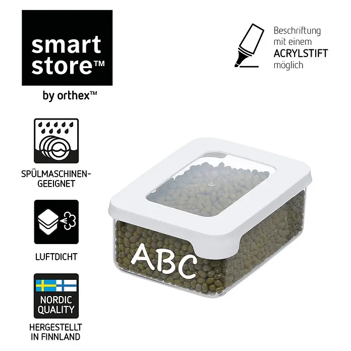 SmartStore Vorratsdose Vision - L x B x H: 12,5 x 9 x 5 cm, Kunststoff, Weiß - Transparenter Lebensmittelbehälter mit weißem Deckel, gefüllt mit grünen Linsen. Spülmaschinenfest, luftdicht und mit Acrylstift beschreibbar.