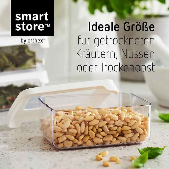 SmartStore Vorratsdose Vision - L x B x H: 12,5 x 9 x 5 cm, Kunststoff, Weiß - Klarer Smart Store Behälter mit weißem Deckel, gefüllt mit Pinienkernen, ideal für Trockenwaren.