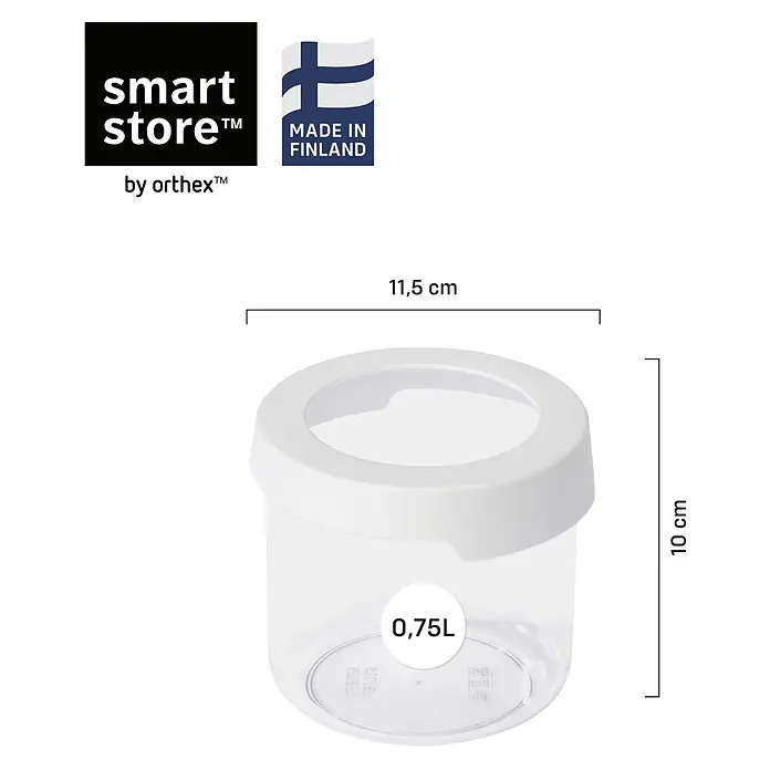 SmartStore Vorratsdose Vision - Ø x H: 11,5 x 10 cm, Kunststoff, Weiß - Transparenter Aufbewahrungsbehälter mit weißem Deckel, Maße 11,5 cm (Durchmesser) x 10 cm (Höhe), Volumen 0,75 L.
