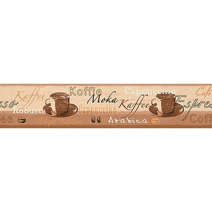 A.S. Création Only Borders 11 Tapetenborte - Kunststoff, Cappuccino - Dekorativer Wandaufkleber mit Kaffeemotiven und verschiedenen Kaffeesorten in Braun- und Beigetönen für eine gemütliche Atmosphäre.