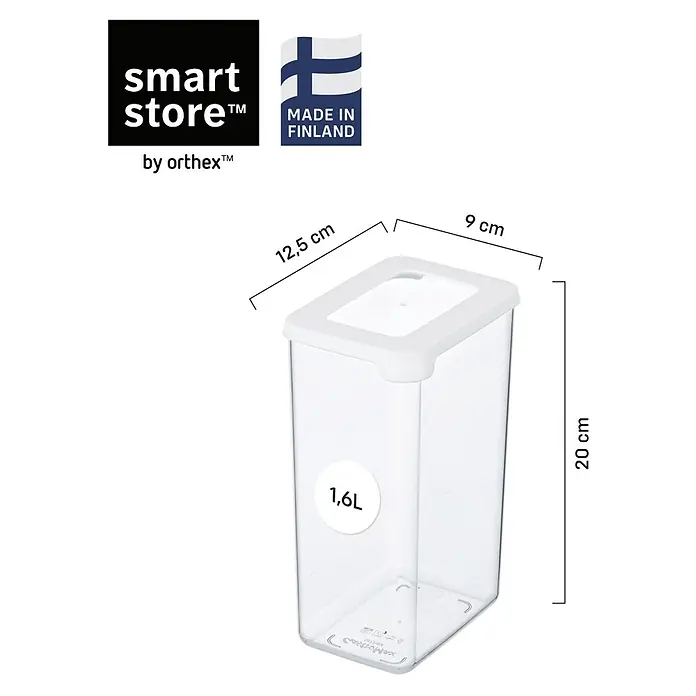 SmartStore Vorratsdose Vision - L x B x H: 12,5 x 9 x 20 cm, Kunststoff, Weiß - Transparenter rechteckiger Kunststoffbehälter mit weißem Deckel, 1,6L, 12,5x9x20 cm.