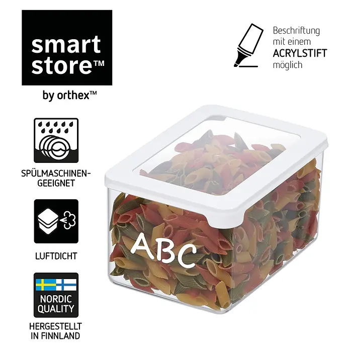 SmartStore Vorratsdose Vision - L x B x H: 18 x 12,5 x 10 cm, Kunststoff, Weiß - Transparente Lebensmittelaufbewahrungsbox mit weißem Deckel und 'ABC'-Beschriftung, gefüllt mit Pasta; sie ist luftdicht und beschreibbar.