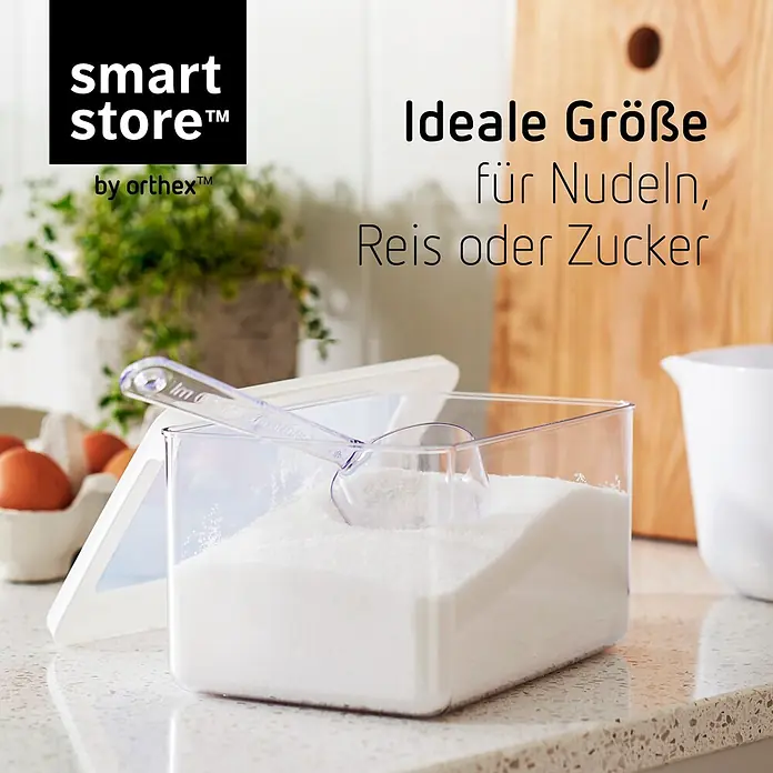 SmartStore Vorratsdose Vision - L x B x H: 18 x 12,5 x 10 cm, Kunststoff, Weiß - Klarer smartstore Behälter mit Schaufel, gefüllt mit Zucker. Ideal für Nudeln, Reis oder Zucker.