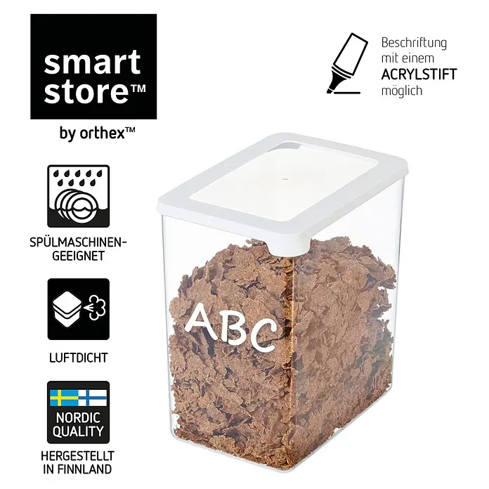 SmartStore Vorratsdose Vision - L x B x H: 18 x 12,5 x 20 cm, Kunststoff, Weiß - Smart Store klarer Plastikbehälter mit weißem Deckel, gefüllt mit braunen Flakes und 'ABC'-Schriftzug. Symbole zeigen spülmaschinenfest, luftdicht und beschreibbar.