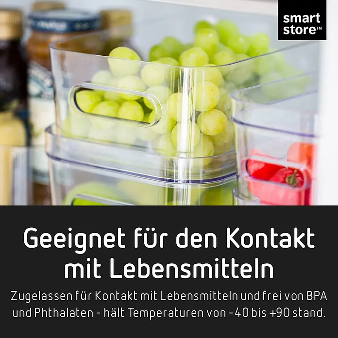 SmartStore Vorratsdose Compact Sort - L x B x H: 20 x 29,5 x 6 cm, Kunststoff, Transparent - Klare, stapelbare Lebensmittelbehälter aus Kunststoff mit Trauben im Kühlschrank.