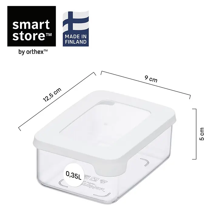 SmartStore Vorratsdose Vision - L x B x H: 12,5 x 9 x 5 cm, Kunststoff, Weiß - Klare rechteckige Kunststoff-Vorratsdose mit weißem Deckel, zeigt Maße (12,5 x 9 x 5 cm) und 0,35L Fassungsvermögen.