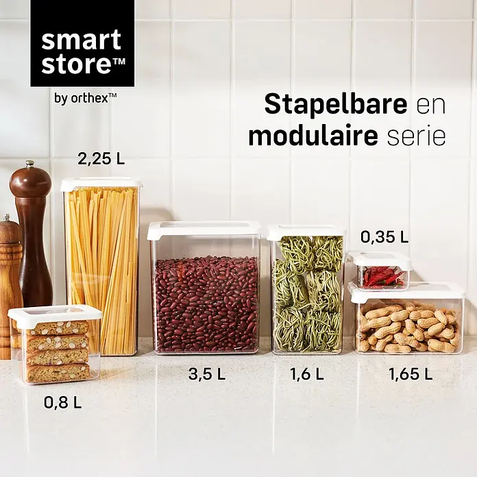 SmartStore Vorratsdose Vision - L x B x H: 12,5 x 9 x 20 cm, Kunststoff, Weiß - SmartStore by Orthex transparente, stapelbare und modulare Lebensmittelbehälter aus Kunststoff, gefüllt mit Trockenwaren in der Küche.