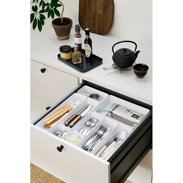 SmartStore Vorratsdose Compact Sort - L x B x H: 10 x 20 x 6 cm, Kunststoff, Weiß - Weiße modulare Schubladenorganizer ordnen Besteck, Utensilien und kleine Küchenhelfer übersichtlich.