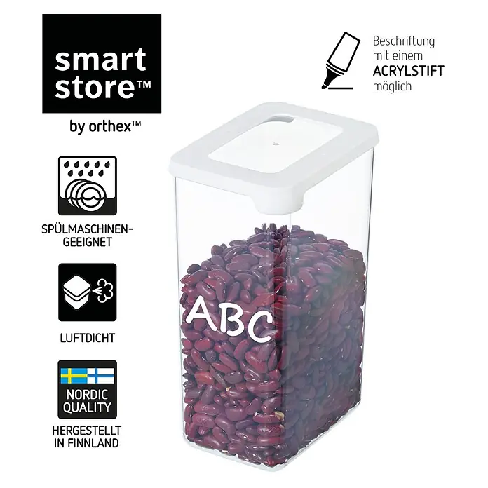 SmartStore Vorratsdose Vision - L x B x H: 12,5 x 9 x 20 cm, Kunststoff, Weiß - Klare Kunststoff-Vorratsdose mit weißem Deckel, gefüllt mit roten Bohnen. Beschriftbare Oberfläche.